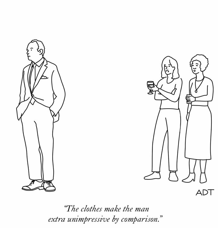 Two women with drinks observe a man in a suit, highlighting humor in Adam Douglas Thompson's comic.