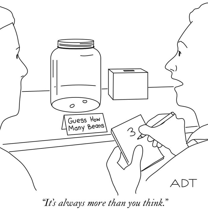 Man guessing beans in a jar; comic by Adam Douglas Thompson with humor and charm.