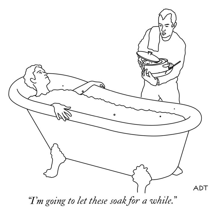 A humorous one-panel comic by Adam Douglas Thompson featuring a person in a bathtub with dishes being added to soak.