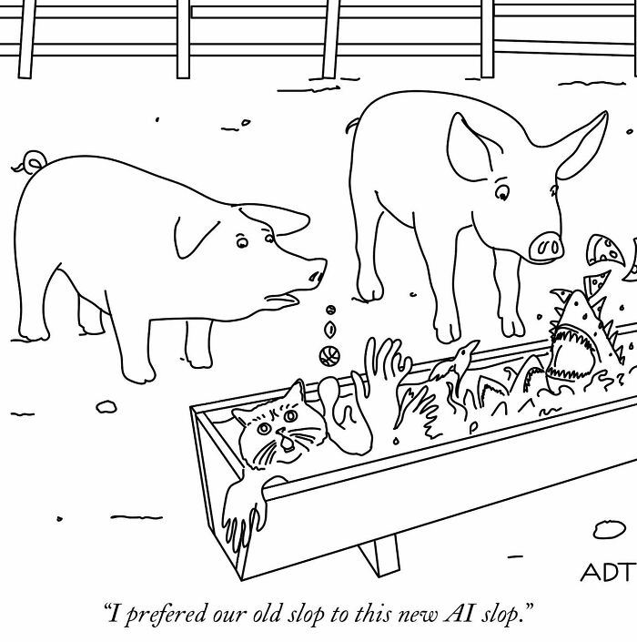 Comic by Adam Douglas Thompson featuring pigs and a cat with humorous text about AI slop.