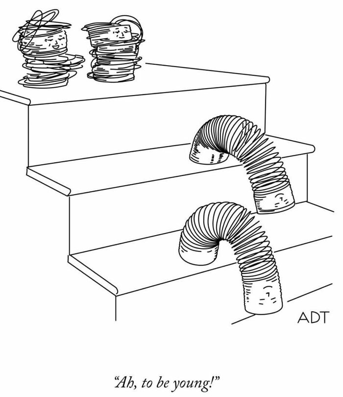 Slinky toys on stairs with faces, one coiled, one stretching down stairs. Humor and charm captured by Adam Douglas Thompson.