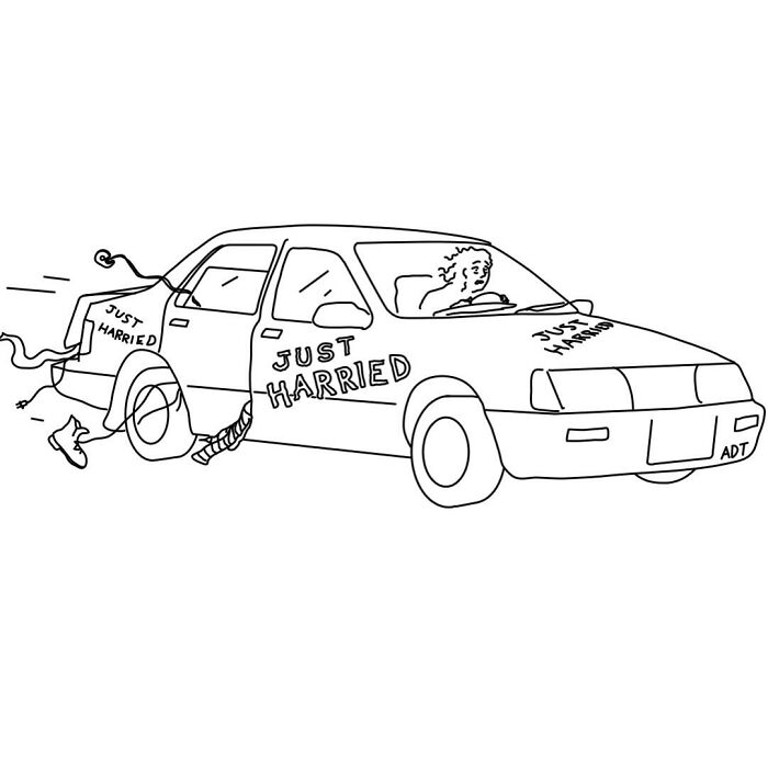 A humorous one-panel comic by Adam Douglas Thompson featuring a car labeled "Just Harried."