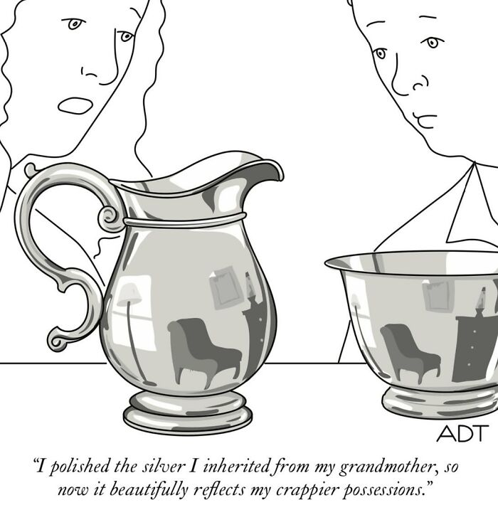 One-panel comic by Adam Douglas Thompson featuring polished silverware reflecting household items.