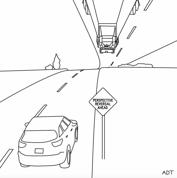 One-panel comic by Adam Douglas Thompson showing a car and truck with a "Perspective Reversal Ahead" sign.