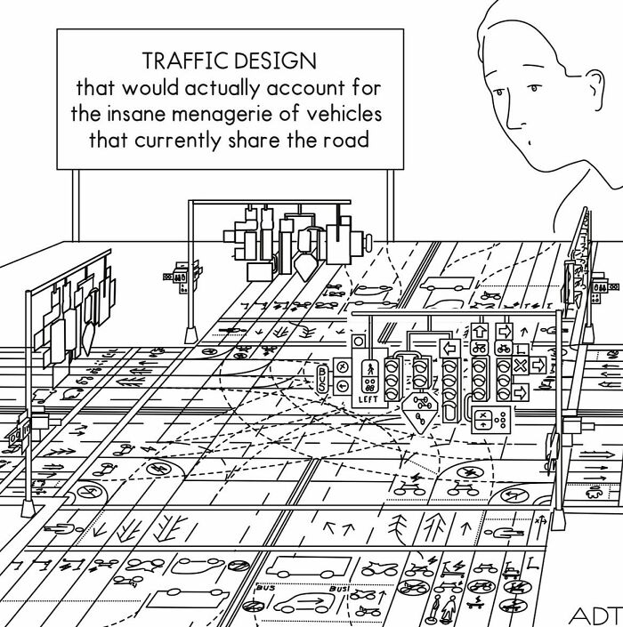 Humorous one-panel comic by Adam Douglas Thompson depicting a complex traffic design.