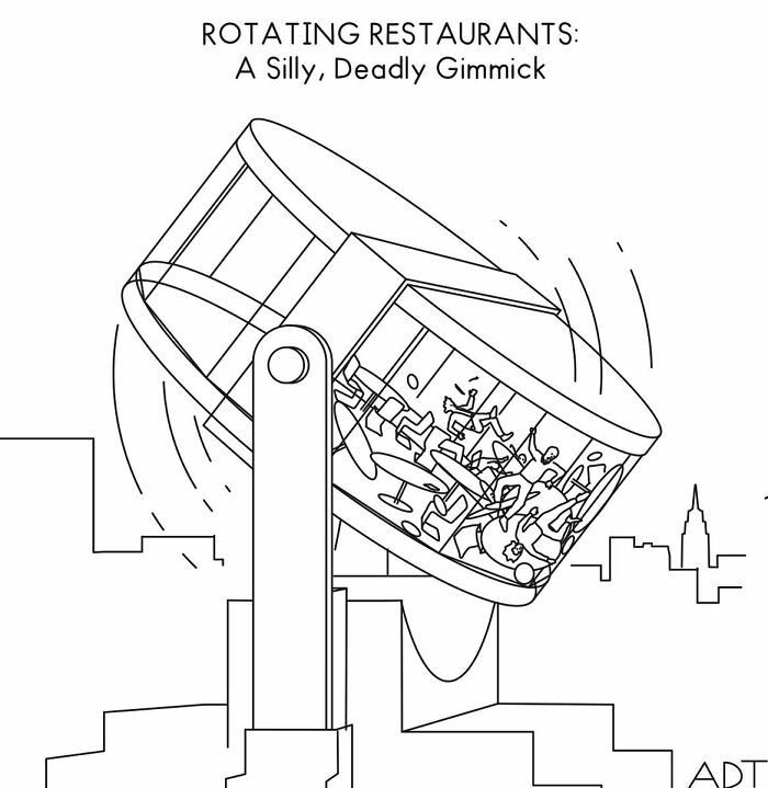 One-panel comic by Adam Douglas Thompson: rotating restaurant, people inside thrown around humorously.