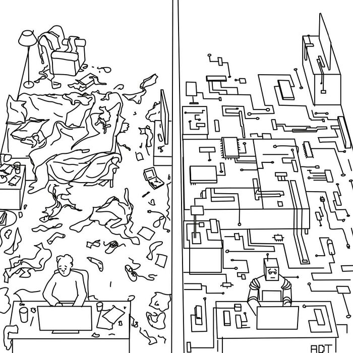 One-panel comic by Adam Douglas Thompson showing a person in a messy room and a robot in a circuitry-like environment.