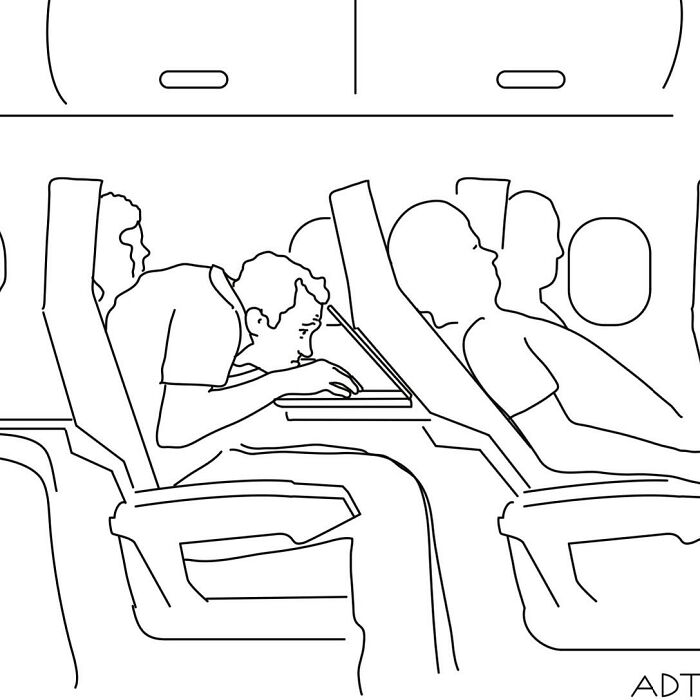 Airplane passengers in a one-panel comic by Adam Douglas Thompson, illustrating humor and charm.