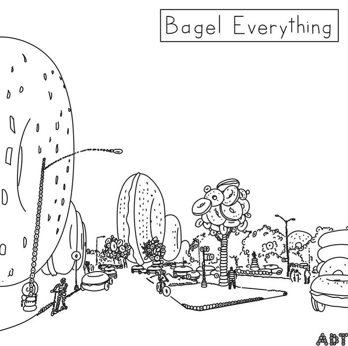 Humorous comic by Adam Douglas Thompson depicting a cityscape made of bagels, titled "Bagel Everything."