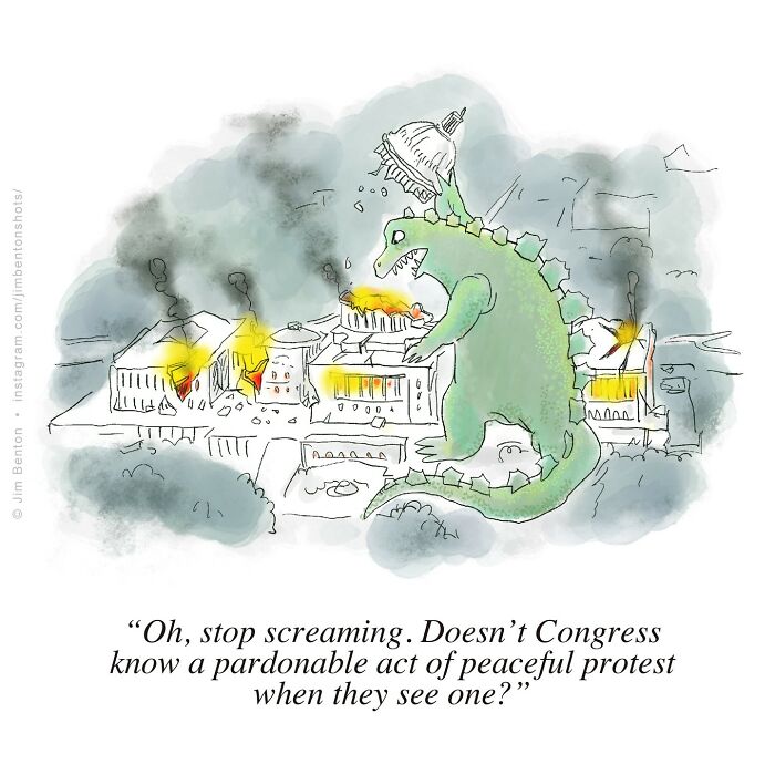 Giant dinosaur wearing a Capitol dome causing chaos, with a caption about Congress and peaceful protest.