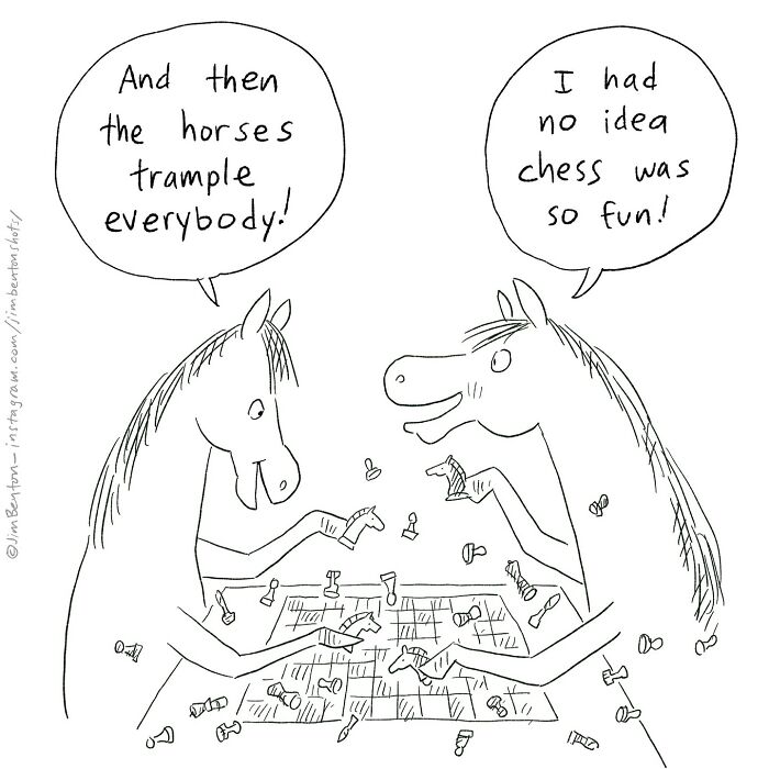 Two horses humorously discussing chess in an absurd comic by a veteran artist.