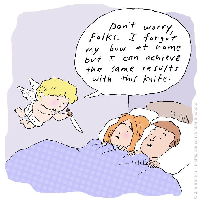 Cartoon of a cupid with a knife, saying it can replace a bow. A couple looks worried in bed.