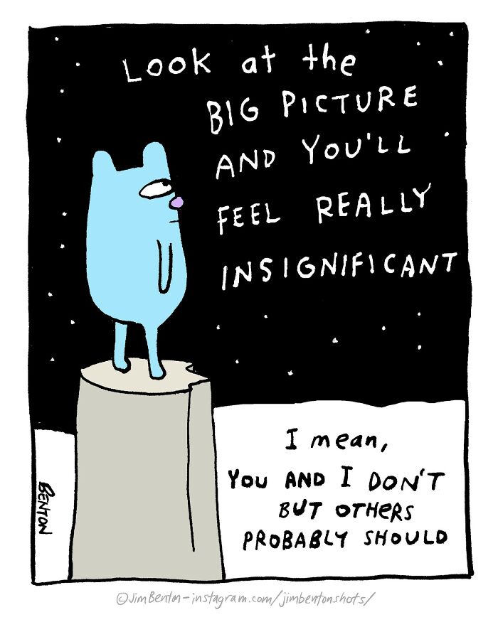 A blue bear on a pedestal with text about feeling insignificant, illustrating a comic by a veteran artist.