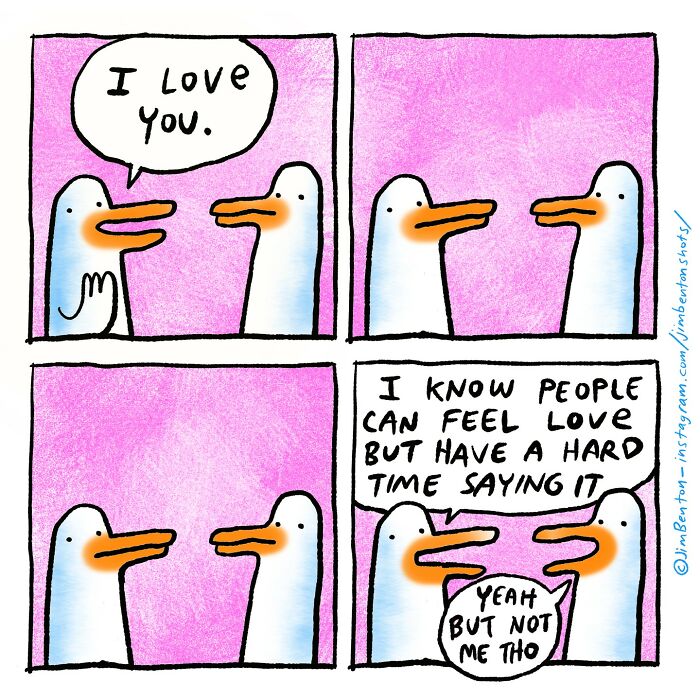 Cartoon ducks discussing saying "I love you," illustrating a hilarious comic by a veteran artist.