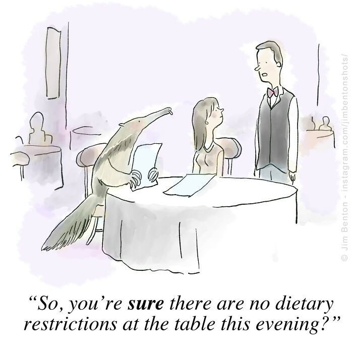 A humorous comic by a veteran artist featuring an anteater checking dietary restrictions in a restaurant setting.