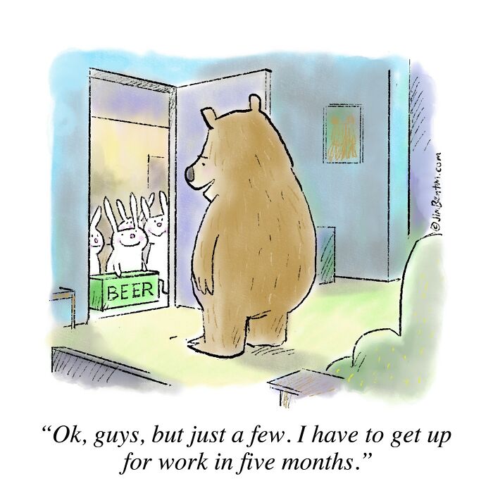 Bear at door with rabbits, one holding a beer sign, humorous comic by veteran artist.