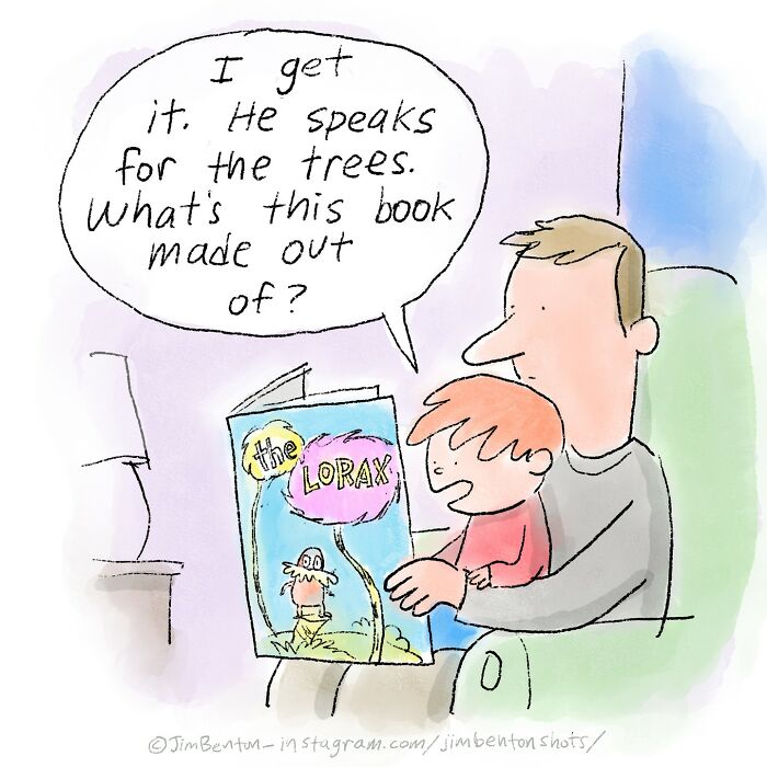 Comic featuring a child reading "The Lorax" and questioning the book's material, blending relatable and absurd humor.