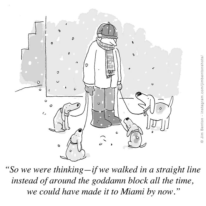 A hilarious comic by a veteran artist shows a person walking dogs in the snow with a humorous caption about walking distance.