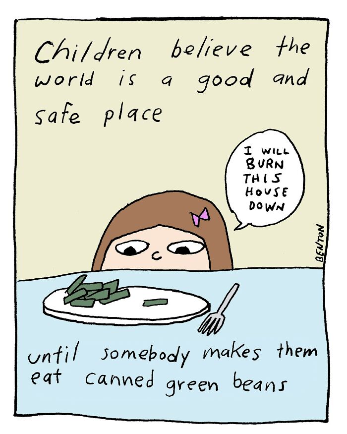 Comic of a child refusing to eat canned green beans, showcasing absurd humor by a veteran artist.