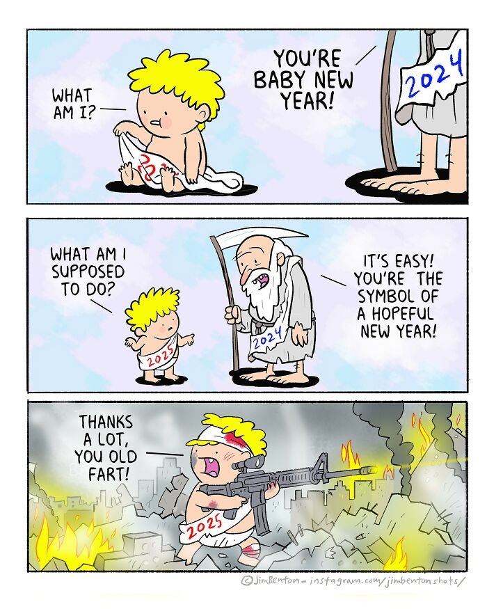 Comic strip by veteran artist showing Baby New Year 2025 in an absurd and humorous situation with 2024.