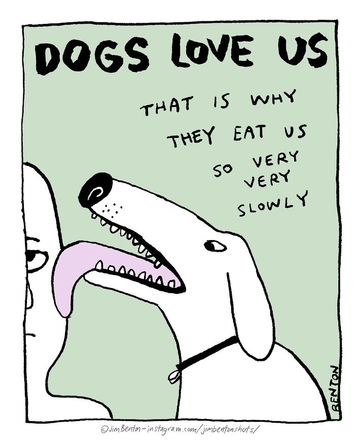 Hilarious comic of a dog humorously licking a human face with text saying "Dogs love us, that is why they eat us slowly."