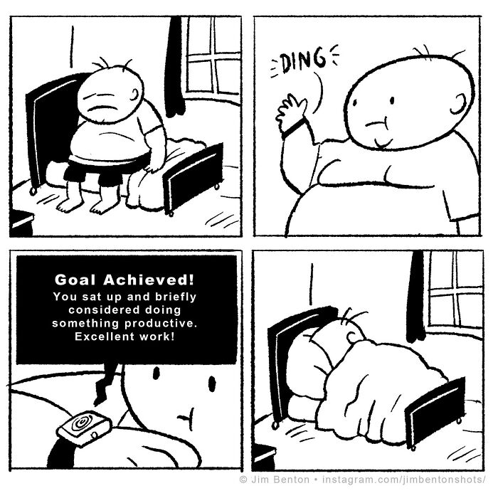 Comic strip of a person in bed achieving a minimal productivity goal, humorously illustrated by a veteran artist.