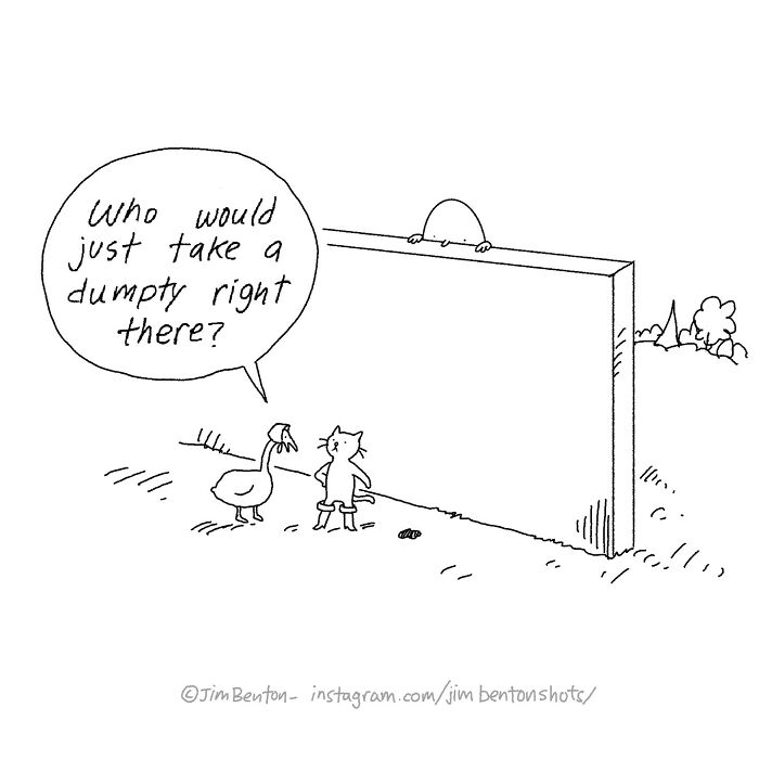 A funny comic by a veteran artist features animals examining a mysterious spot behind a wall.