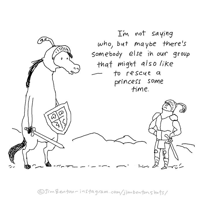 Comic with a horse knight suggesting others might want to rescue a princess, featuring humorous dialogue and absurdity.