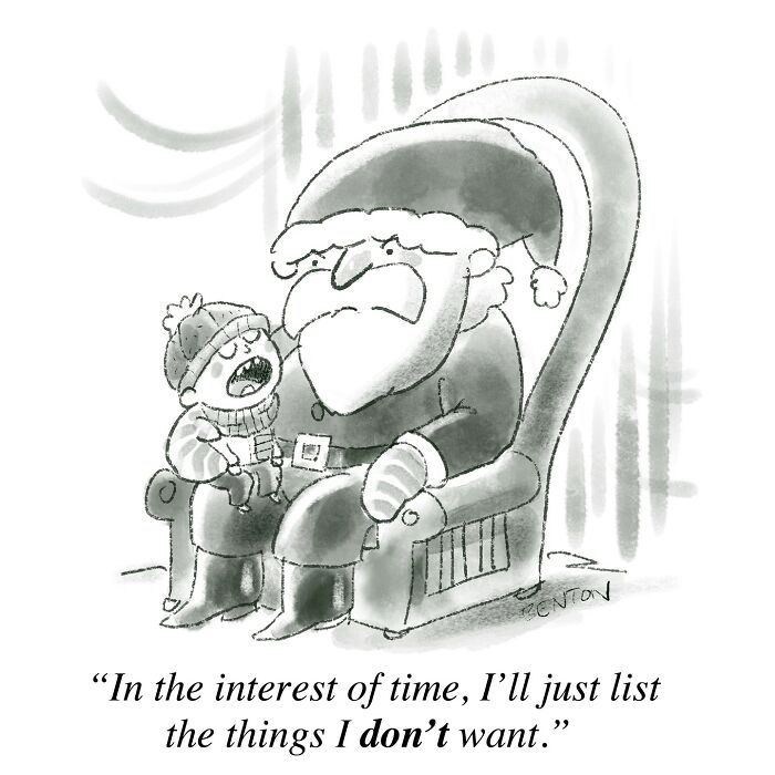 Santa with a disgruntled child listing unwanted gifts, showcasing absurd comic humor by a veteran artist.