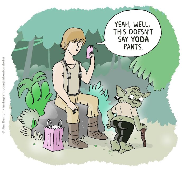 Hilarious comic with a Jedi character and Yoda humorously discussing pants in a forest setting.