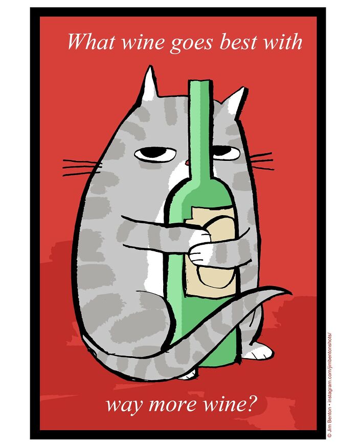 Cartoon cat hugging a wine bottle, illustrating a hilarious comic with a witty caption about wine.