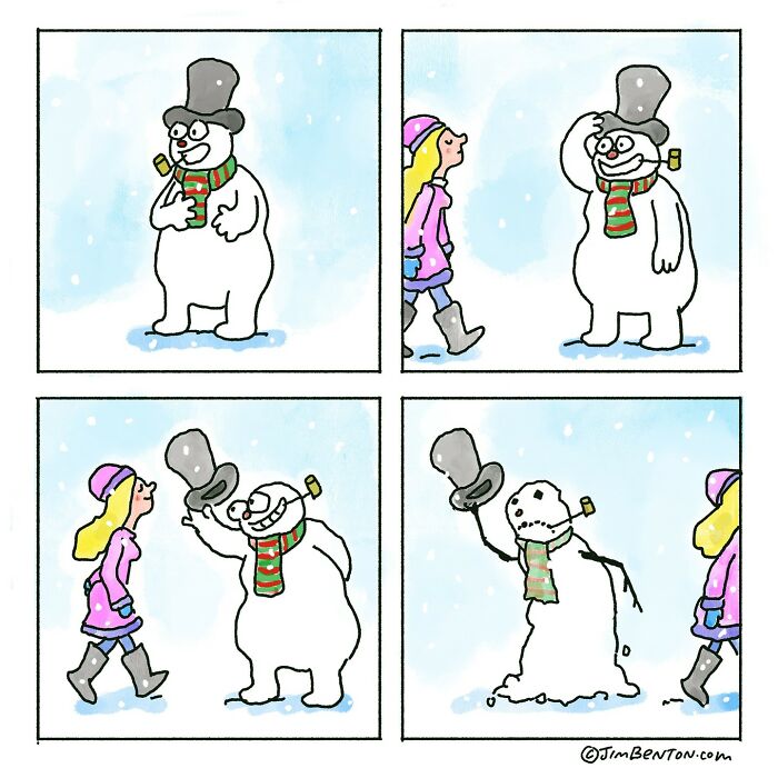 Comic by veteran artist: snowman greets girl, turns skeletal, holding hat as girl walks away.