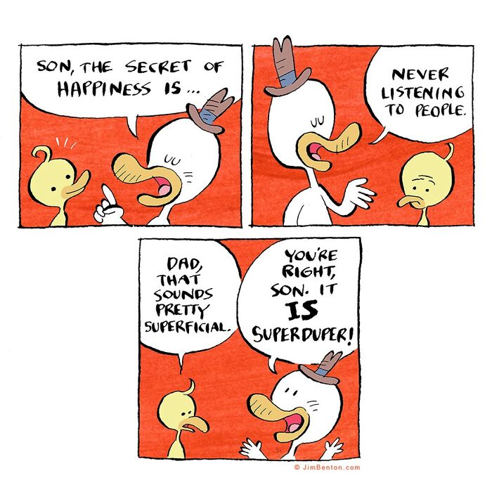 Comic of two ducks discussing happiness with a humorous twist, created by a veteran artist.