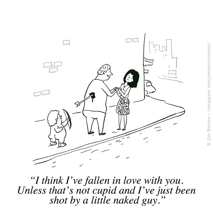 A hilarious comic by a veteran artist shows a man with an arrow in his back, holding hands with a woman as Cupid walks by.