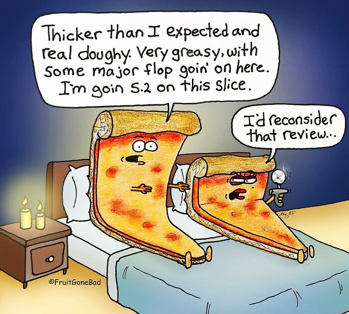 Funny comic featuring pizza slices in bed, discussing their greasiness with humorous dialogue.