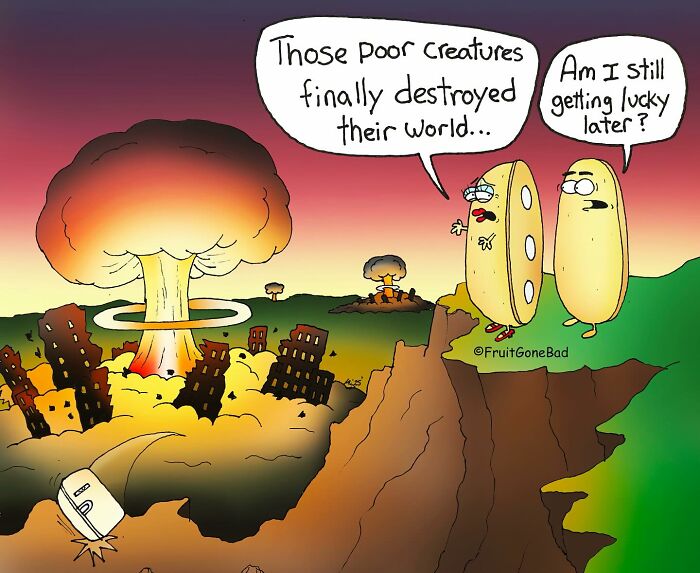 Funny and slightly inappropriate comic with produce watching a nuclear explosion in the background.