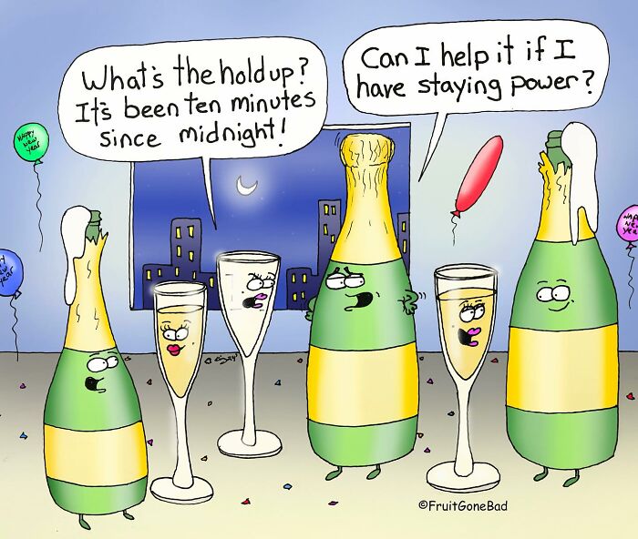 Humorous comic with talking champagne bottles and glasses.