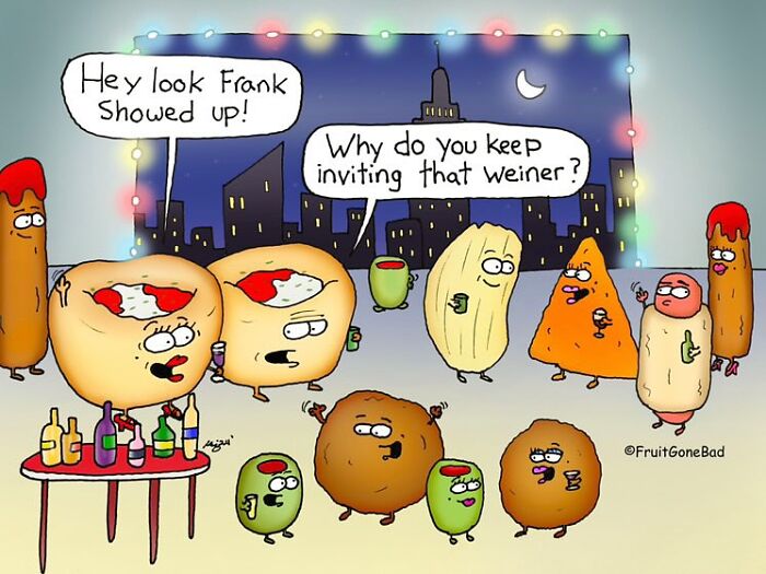 Comedic comic featuring animated produce and objects at a party under string lights with humorous dialogue.