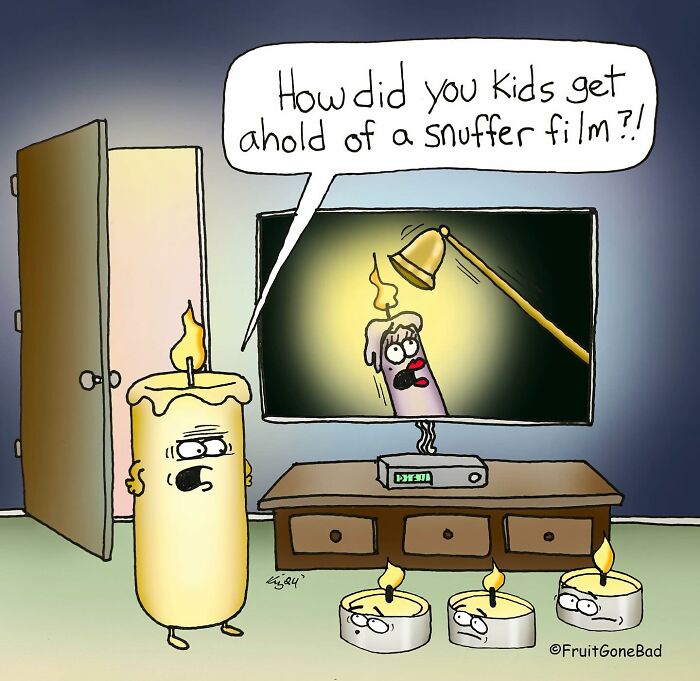 Candle characters reacting humorously to a "snuffer film," part of funny comics featuring objects by artist.