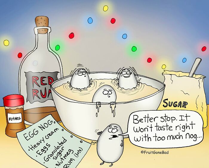 Funny comic of talking eggs in a bowl of eggnog with holiday lights and ingredients like rum and sugar nearby.