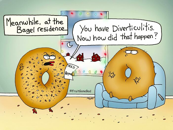 Comic of bagels puzzled by a medical diagnosis, featuring humorous and slightly inappropriate produce-related content.