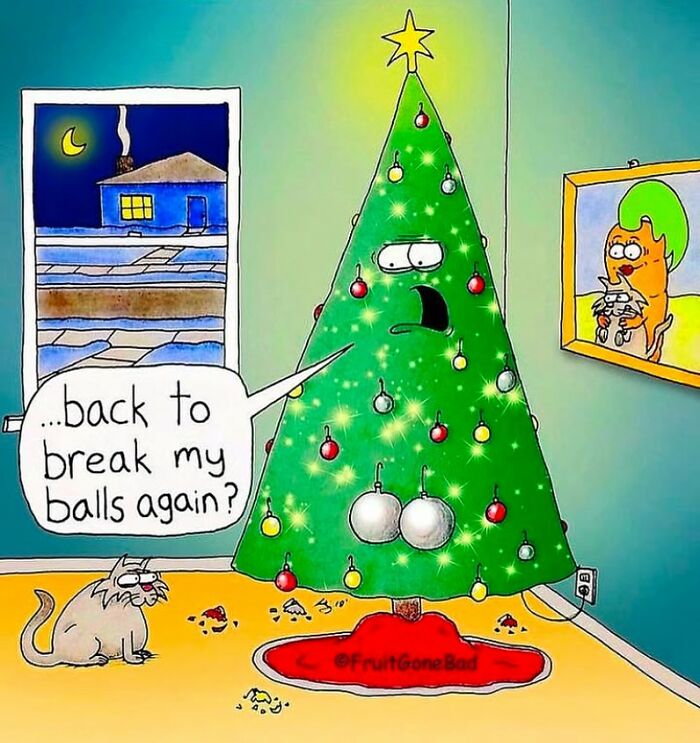 Comic featuring a talking Christmas tree with ornaments, expressing a humorous and slightly inappropriate phrase to a cat.