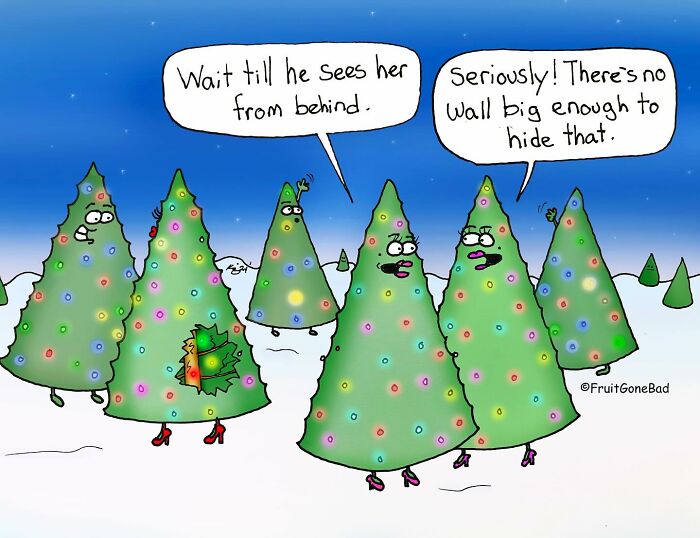 Funny inappropriate comic featuring Christmas trees with humorous dialogue.