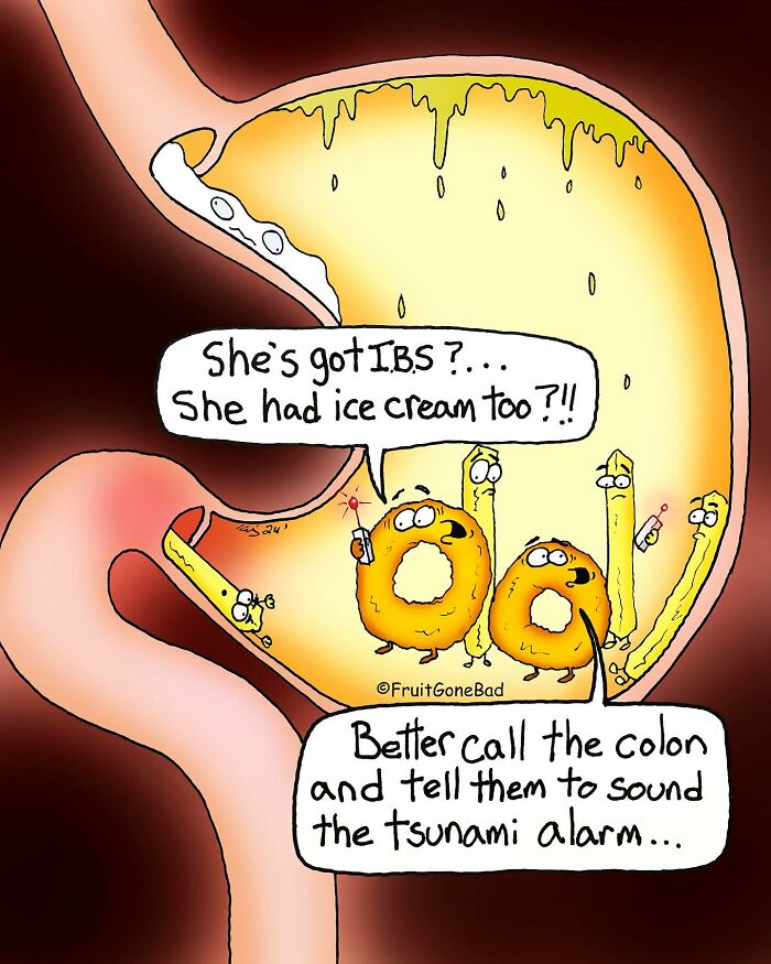 Funny comic by artist featuring produce characters discussing IBS inside a stomach.