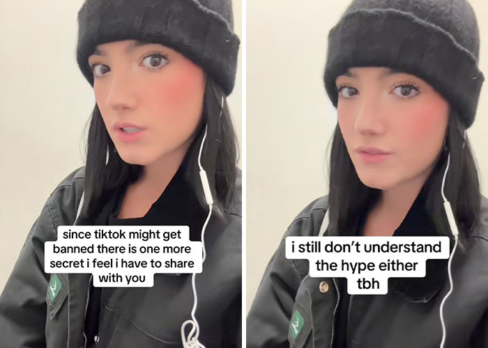 TikTok influencer wearing a black hat and jacket, discussing content honesty in a split-screen video.