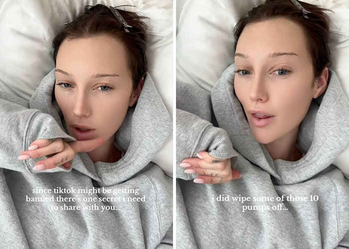 Woman in gray hoodie, lying on bed, discussing TikTok content honesty in a video confession.