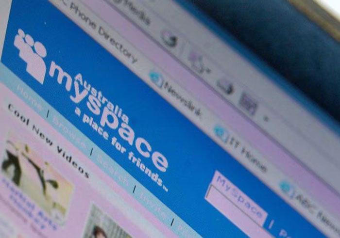 MySpace homepage displayed on a computer screen, highlighting social media platform interface.