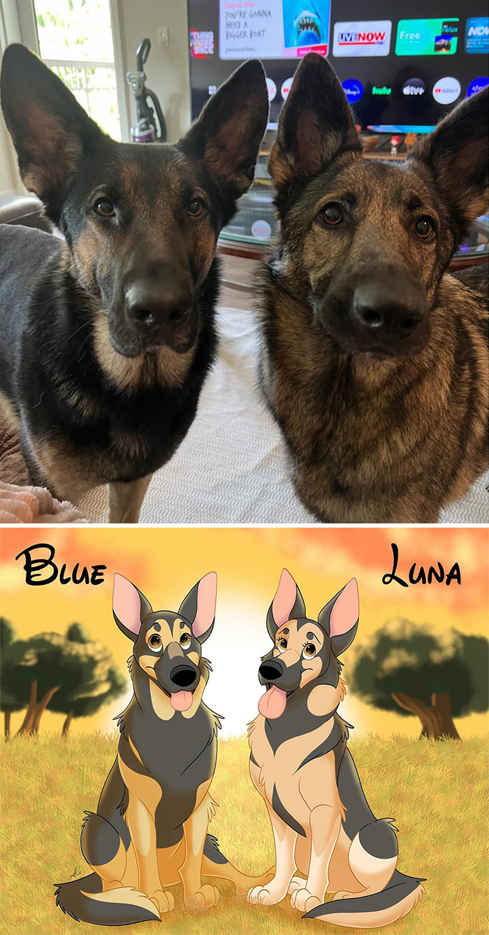 Two dogs transformed into Disney-style cartoon characters, labeled Blue and Luna, in a vibrant outdoor scene.