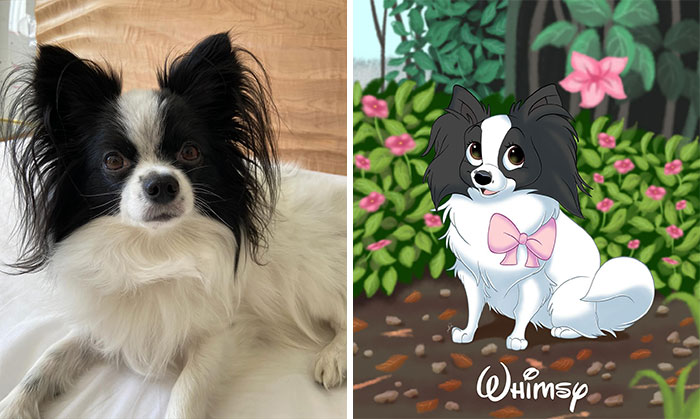 A dog transformed into a Disney-style illustration, featuring a pink bow and vibrant background.