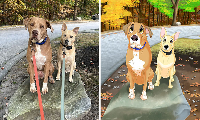 Two dogs on a rock transformed into Disney-style cartoon characters with vibrant autumn background.